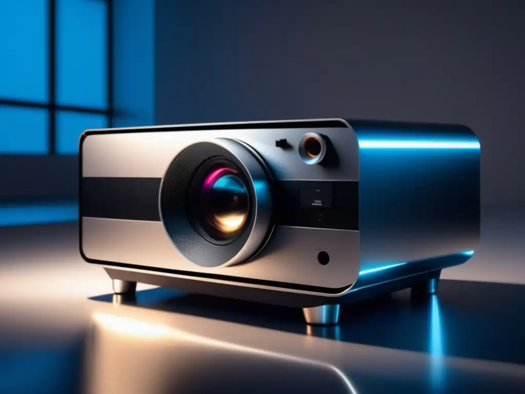 Evolución del cine y tecnología: Proyector minimalista 8K con líneas elegantes y superficie reflectante