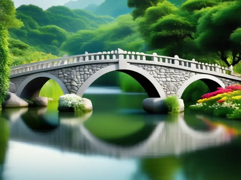 Puente de piedra antiguo, arqueado y elegante sobre un río tranquilo rodeado de vegetación exuberante y flores vibrantes