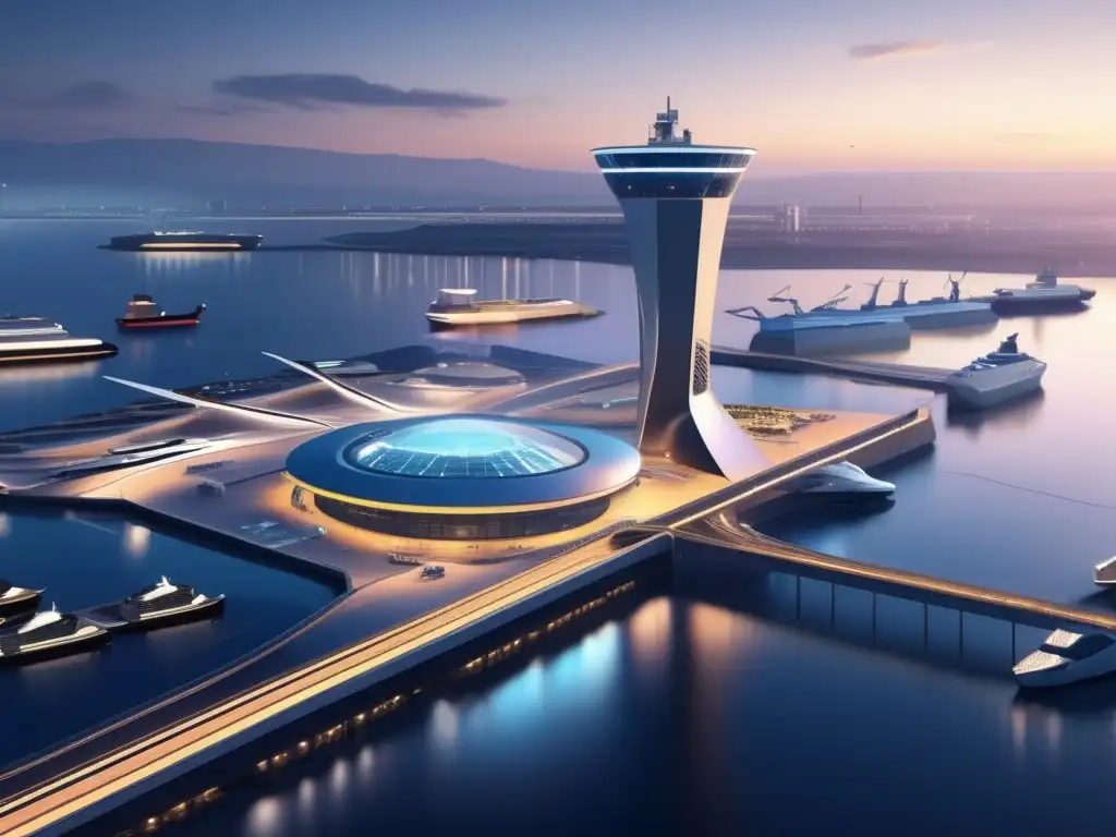 Impacto tecnológico en puertos marítimos: Futurista terminal portuaria con torre de control transparente, líneas limpias y formas geométricas