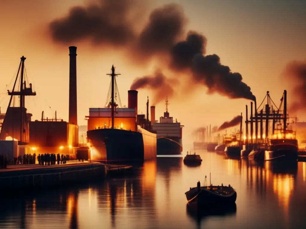 Impacto de la Revolución Industrial en transporte marítimo - Imagen minimalista abstracta de un puerto bullicioso durante la era de la Revolución Industrial, con barcos de diferentes tamaños, humo saliendo de sus chimeneas y una atmósfera nostálgica y cálida