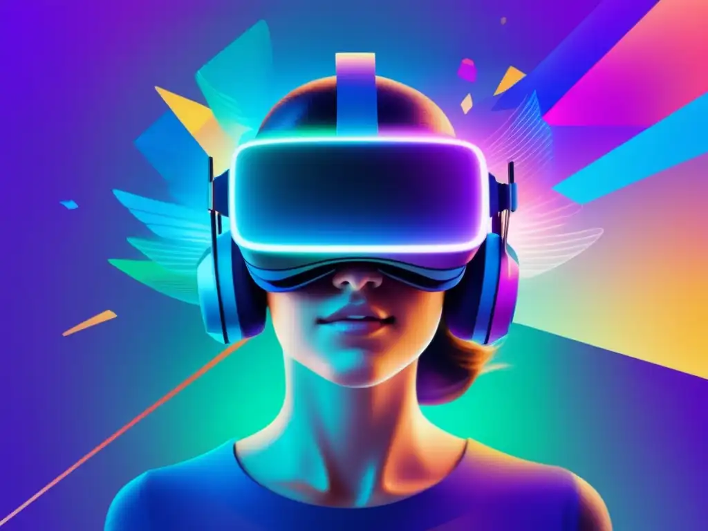 Impacto realidad aumentada en arte: VR headset en mundo digital de colores vibrantes