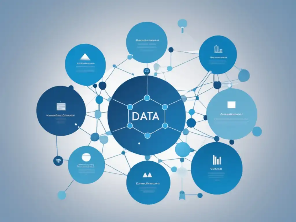 Impacto del Big Data en la sociedad: compleja red de nodos interconectados en tonos azules y blancos que representan el flujo de información