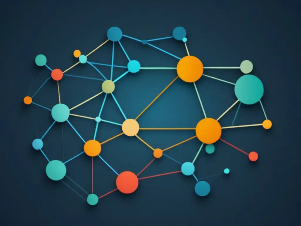 Impacto del Big Data: red interconectada de nodos y líneas que representan la vasta web de datos, con colores y tamaños variables