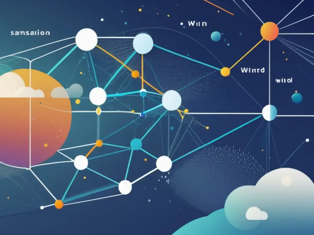 Impacto tecnología satélite previsión meteorológica: representación abstracta de tecnología satelital integrada con datos de pronóstico del tiempo, transmitidos en una red de líneas y nodos