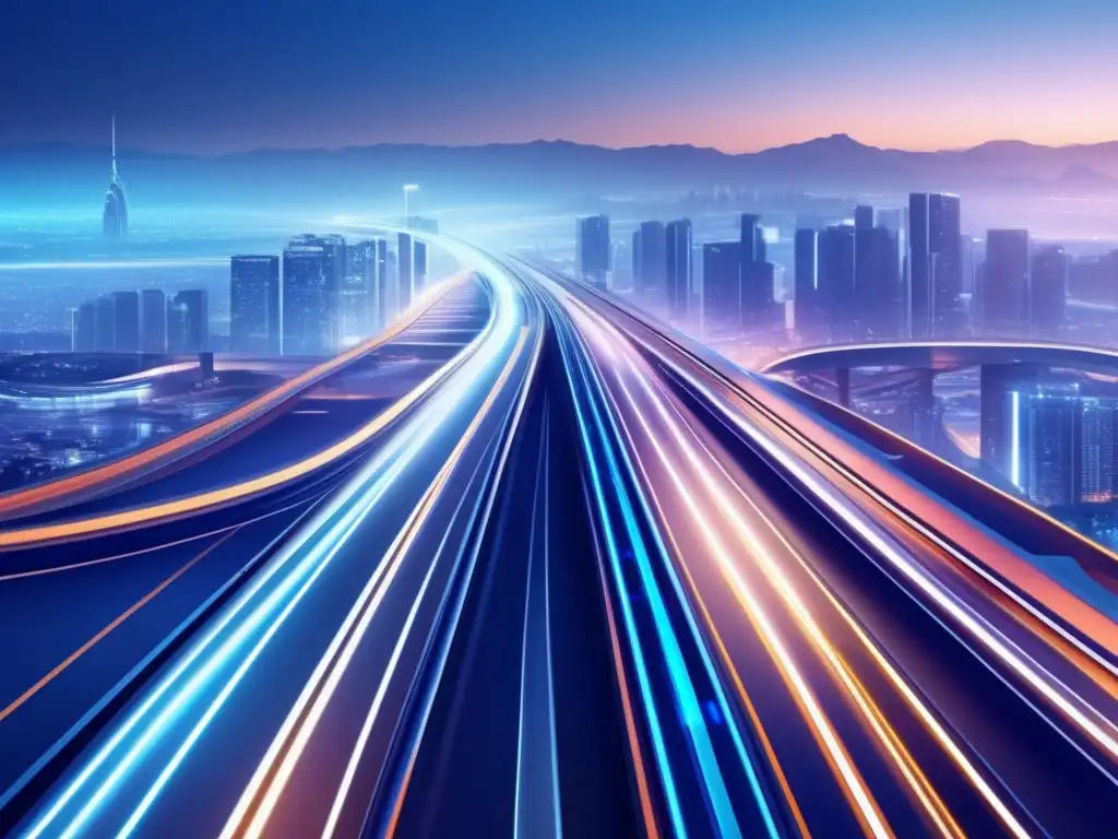 Futuro transporte urbano eficiente Tecnología eficiente en la infraestructura de transporte, destacando su red futurista de alta velocidad y eficiencia energética