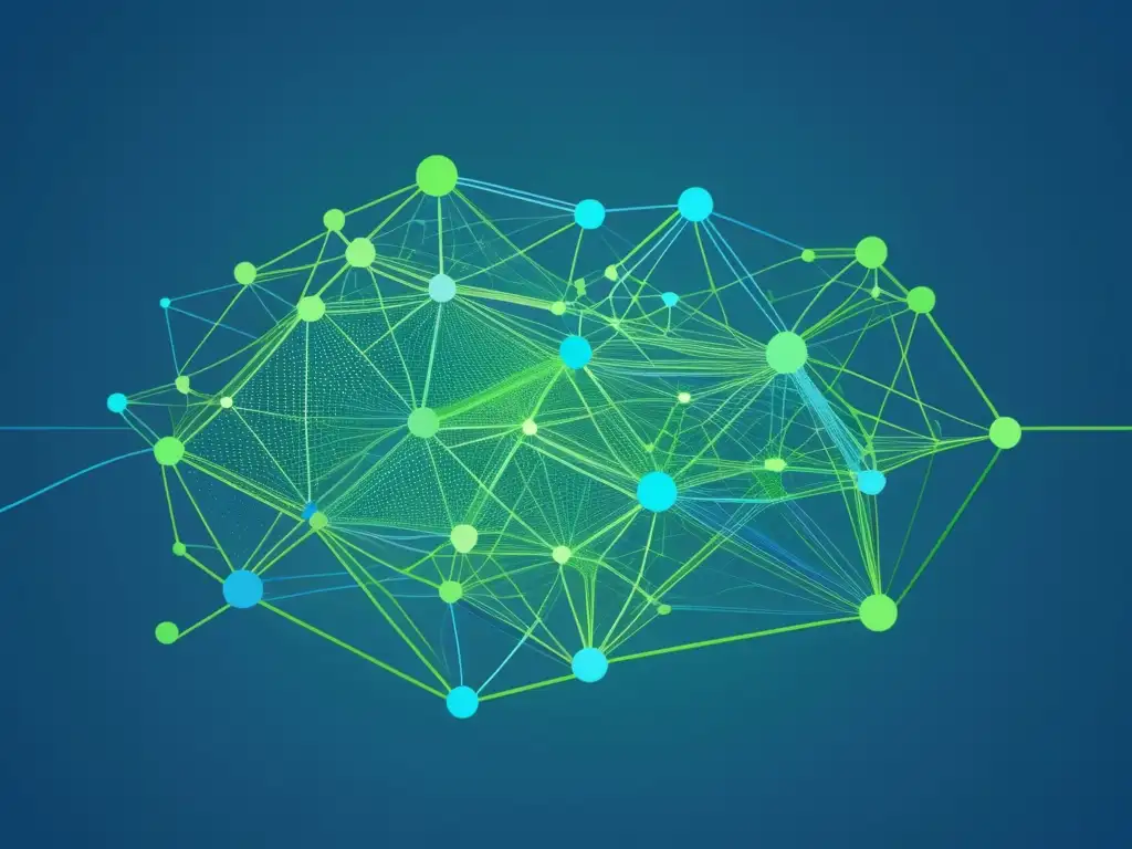 Desafíos éticos ciberseguridad línea trazamos: imagen abstracta de redes interconectadas en tonos vibrantes de azul y verde