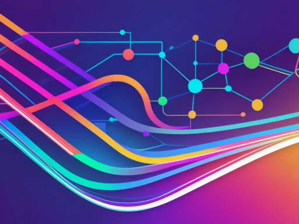 Impacto tecnológico en alfabetización digital: red vibrante simboliza flujo de información, conocimiento y colaboración online