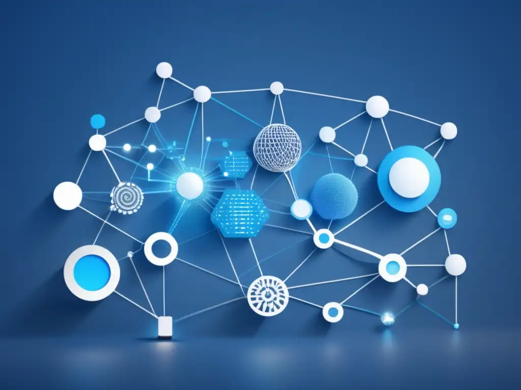 Impacto IoT: Red interconectada de nodos representando objetos conectados, en una imagen 8k minimalista y abstracta