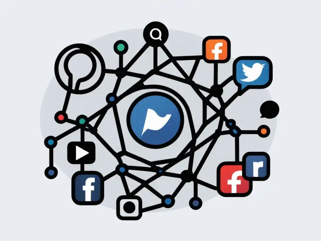 Impacto redes sociales: imagen abstracta de iconos enredados, representando plataformas como Facebook, Instagram, Twitter y YouTube