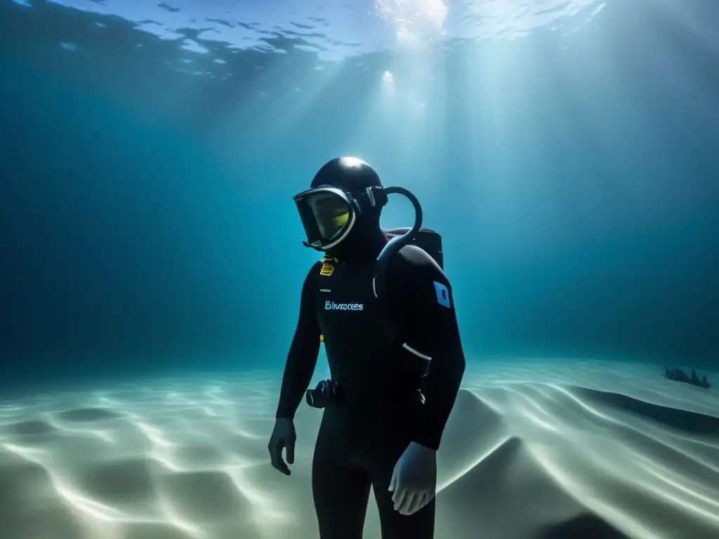 Explorador de aguas profundas en traje negro, rodeado de ambiente submarino azul con rayos de luz