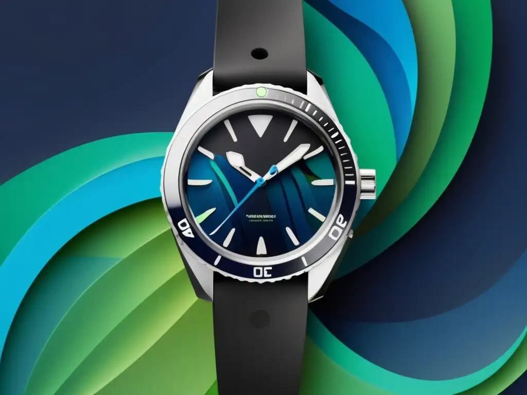 Tecnología submarinismo seguridad: Reloj buceo negro minimalista en fondo abstracto vibrante, con métricas y hora visible en su cara