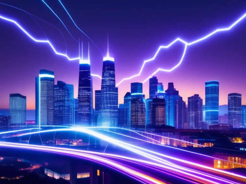 Impacto de la electrificación en la historia: una ciudad nocturna iluminada por luces eléctricas, con diseño moderno y patrones vibrantes