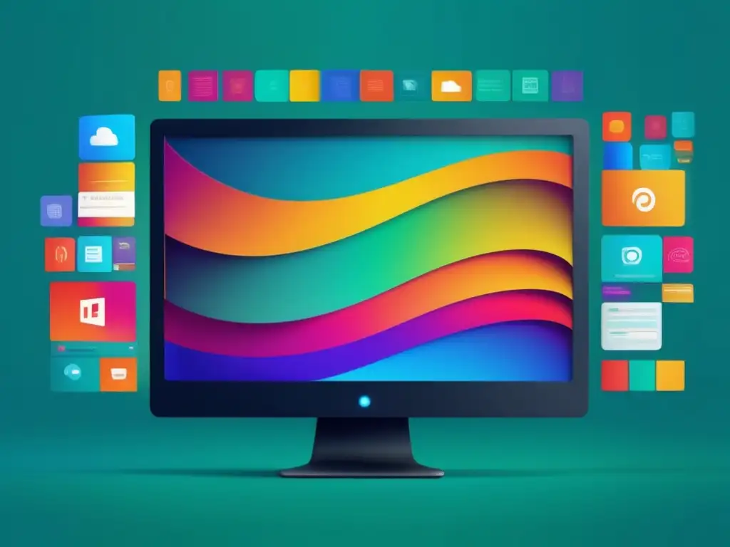 Revolución diseño interfaz usuario computación: pantalla colorida con elementos gráficos minimalistas y vibrantes