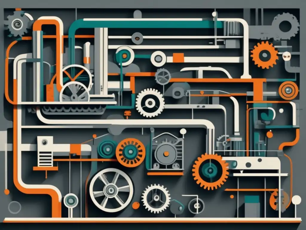 Representación abstracta de la Revolución Industrial con avances tecnológicos, maquinaria compleja y energía innovadora