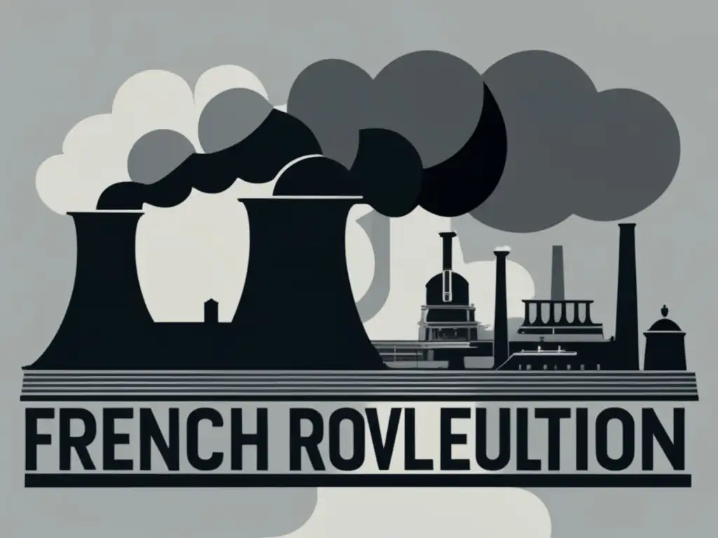 Revolución Industrial en Francia: estudio - Imagen detallada y minimalista de la Revolución Francesa, con fábrica, trabajadores y bandera de fondo