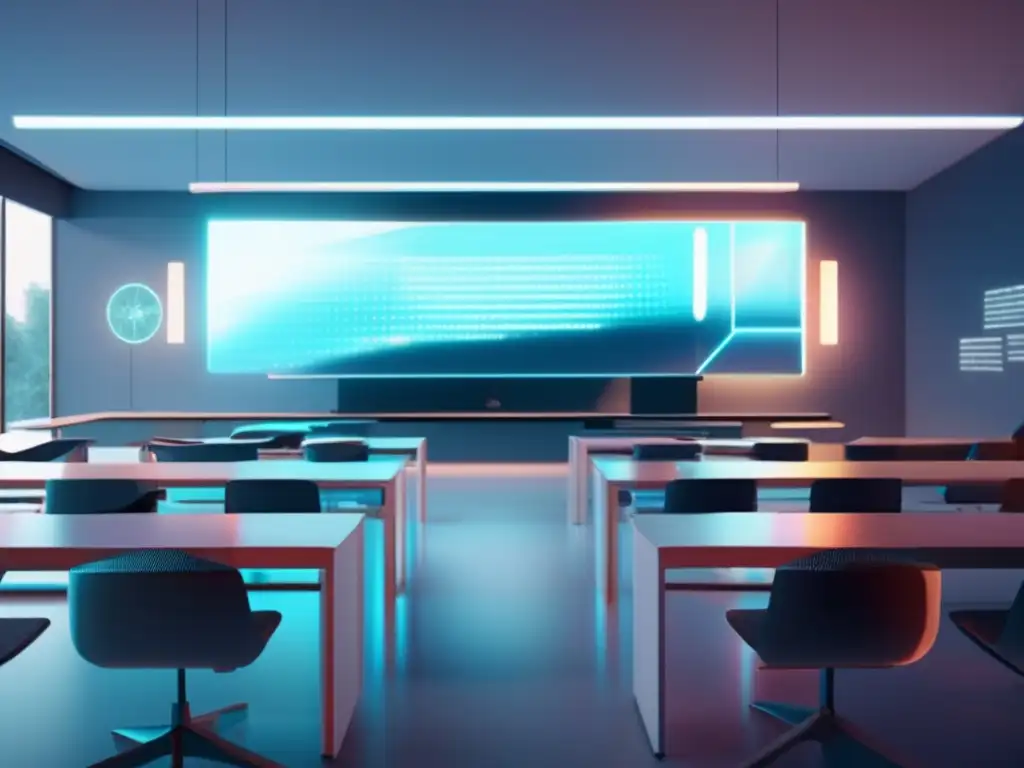 Tecnología educativa: democratización de la educación en imagen futurista de aula con hologramas y diseño minimalista