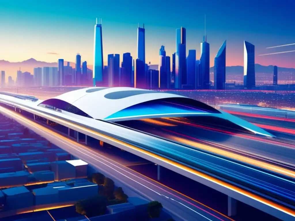 Tecnologías disruptivas en transporte intermodal: Futurista hub de transporte con diseño minimalista y vibrante paisaje urbano