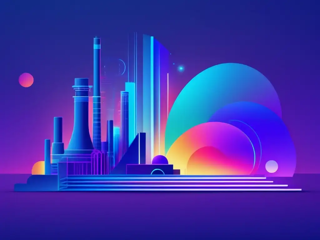 Avances tecnológicos Revolución Industrial: imagen 8k de la segunda revolución industrial, representación abstracta y minimalista con formas geométricas y colores vibrantes que simbolizan los avances en electricidad y química