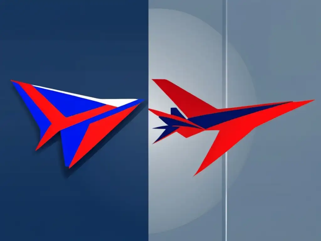 Evolución rivalidad Boeing vs Airbus: Competencia entre aviones en formas geométricas, colores contrastantes y fondo sugerente