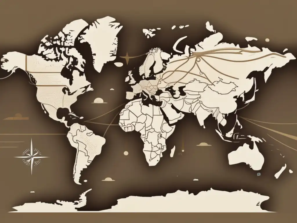 Mapa de rutas comerciales antiguas con líneas y patrones, tonos tierra, resalta influencia tecnologías navegación relaciones sociales comercio