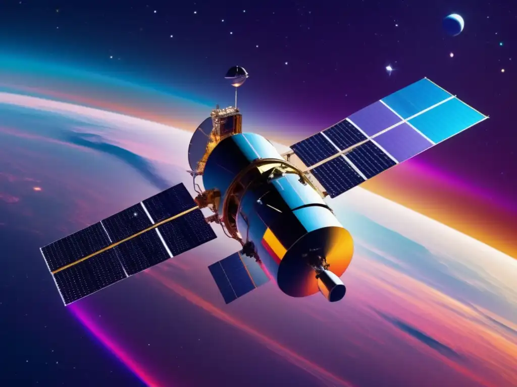 Satélite espacial explorando el cosmos Tecnología satelital: exploración del sistema solar, imagen de un satélite minimalista flotando en el espacio rodeado de colores cósmicos