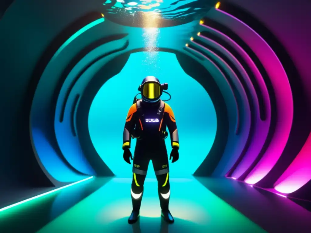 Tecnologías emergentes submarinismo futuro: traje de buceo futurista con luces LED, exploración de cueva submarina con vida marina y coral vibrante