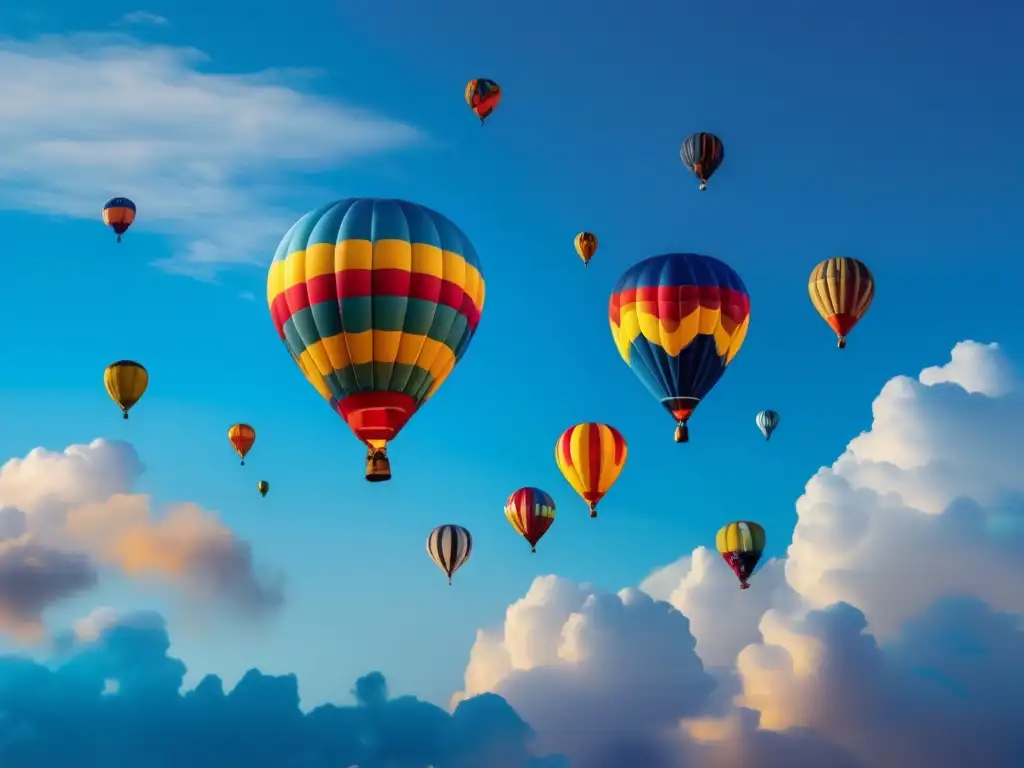 Importancia histórica de los globos aerostáticos en el cielo sereno con coloridos y variados globos aerostáticos