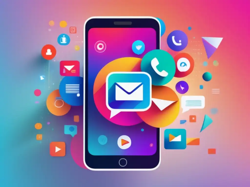 Smartphone flotando rodeado de líneas y formas coloridas, simbolizando la importancia de los smartphones en la comunicación empresarial