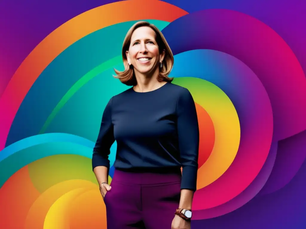 Impacto de Susan Wojcicki en YouTube: imagen abstracta minimalista de Susan Wojcicki frente a un fondo vibrante y multicolor