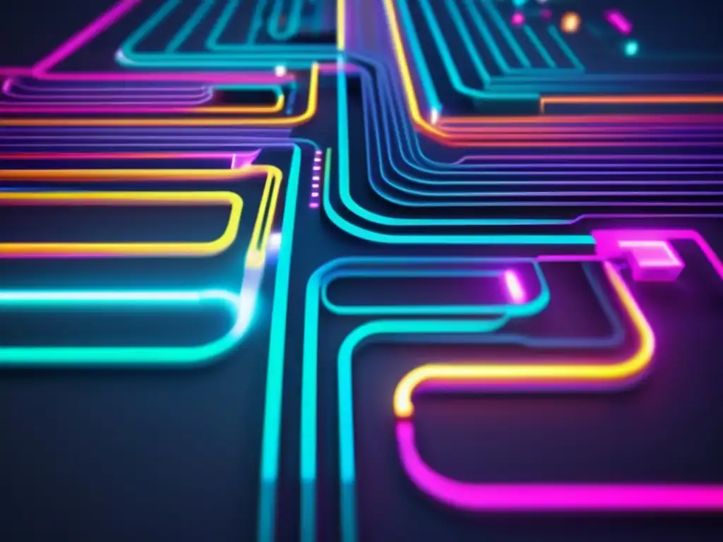 Circuito digital minimalista con colores vibrantes, simbolizando la ética en la tecnología moderna
