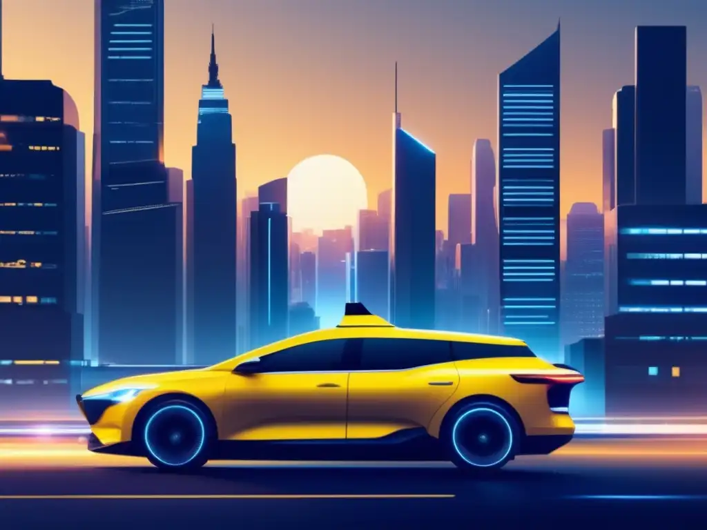 Ciudad futurista con un taxi y cambios en la movilidad urbana - Historia del transporte urbano