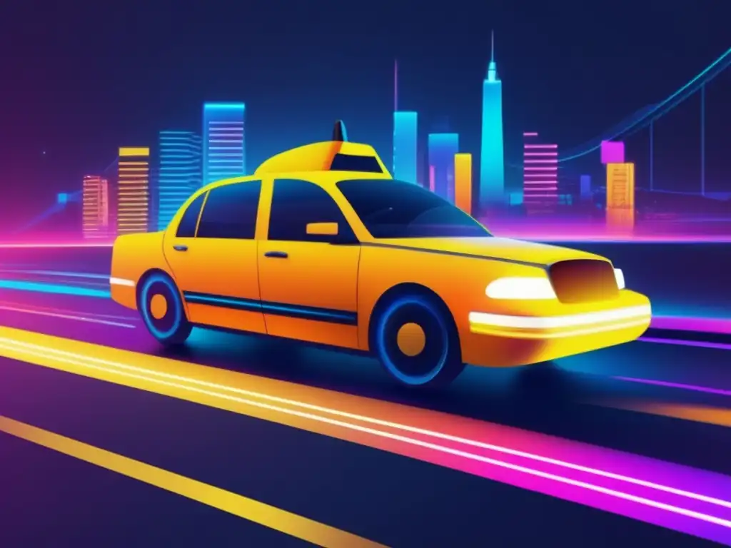 Impacto de la tecnología en la infraestructura del taxi: ciudad nocturna con taxi futurista, líneas de neón y elementos de eficiencia y seguridad