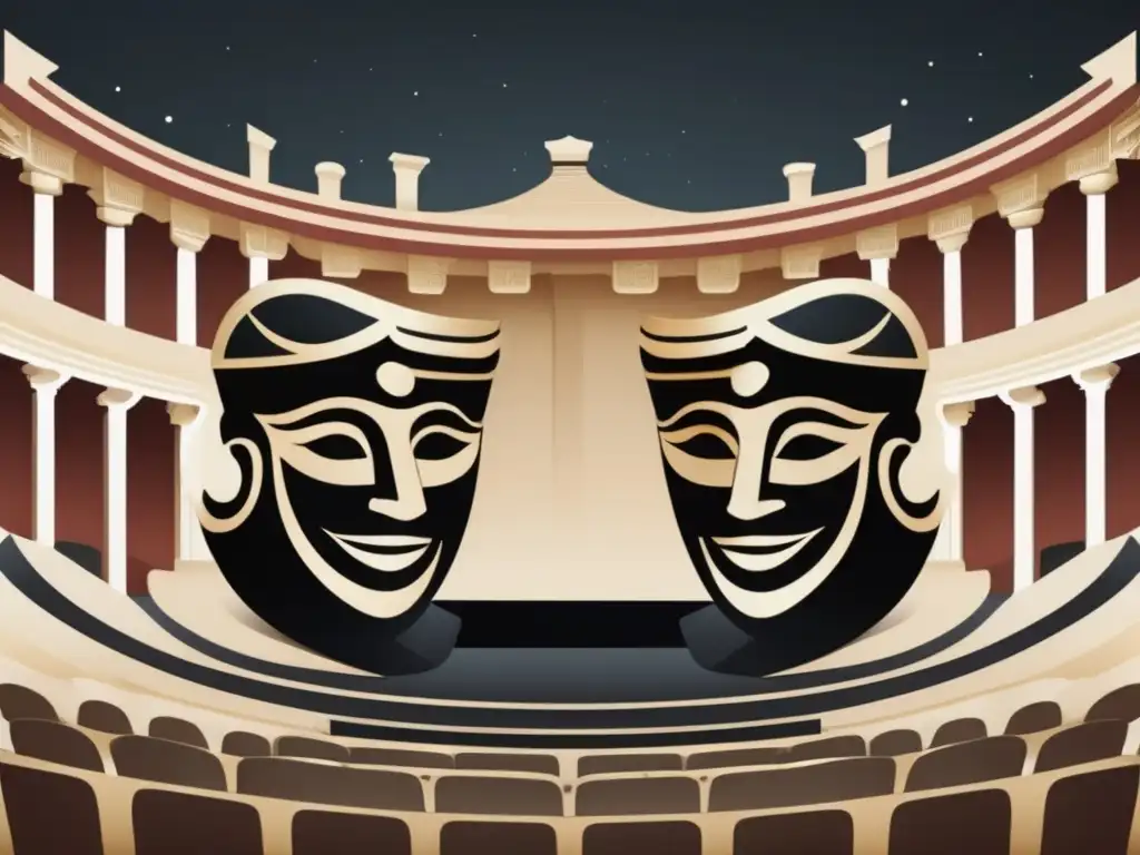 Teatro en la antigua Grecia: escenario minimalista, máscaras de comedia y tragedia, fondo vibrante