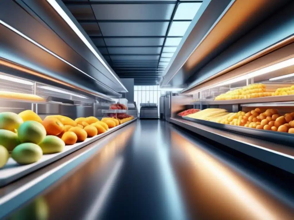 Impacto tecnológico en cultura alimentaria: ciudad futurista fusionando tecnología y comida