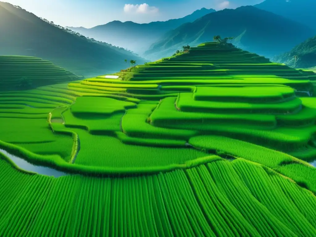 Vista aérea de arrozales en Asia, con plantas verdes y patrones precisos - Tecnología alimentaria en Asia y Oceanía