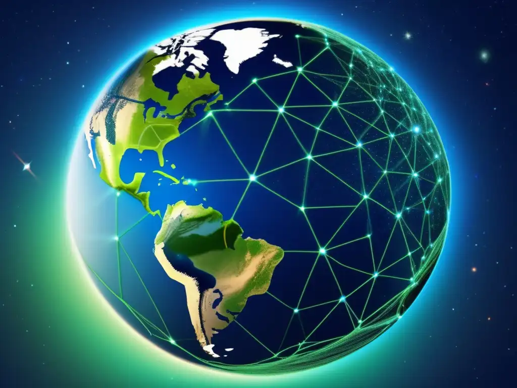 Avances tecnológicos en observación satelital: Detalle asombroso de la Tierra desde el espacio, con redes de satélites en vibrantes tonos