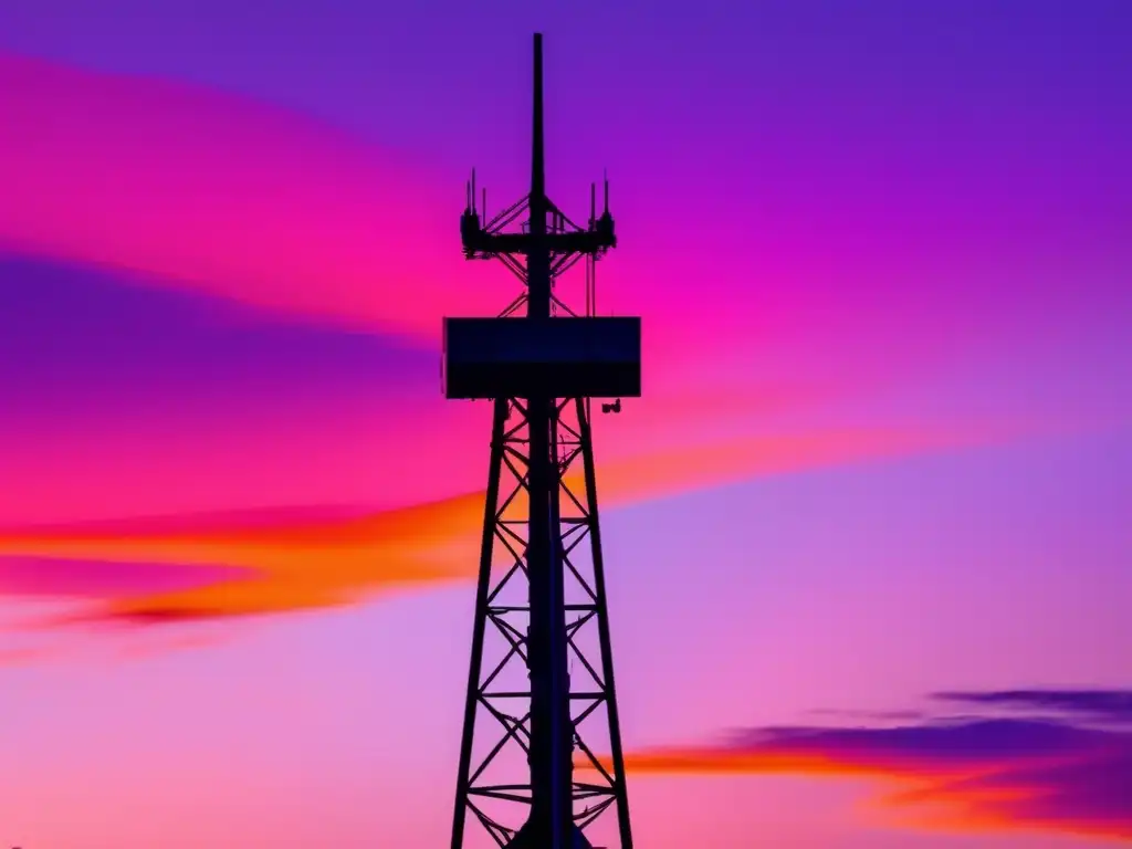 Impacto tecnológico en medios deportivos: Torre de radio moderna en un cielo vibrante al atardecer