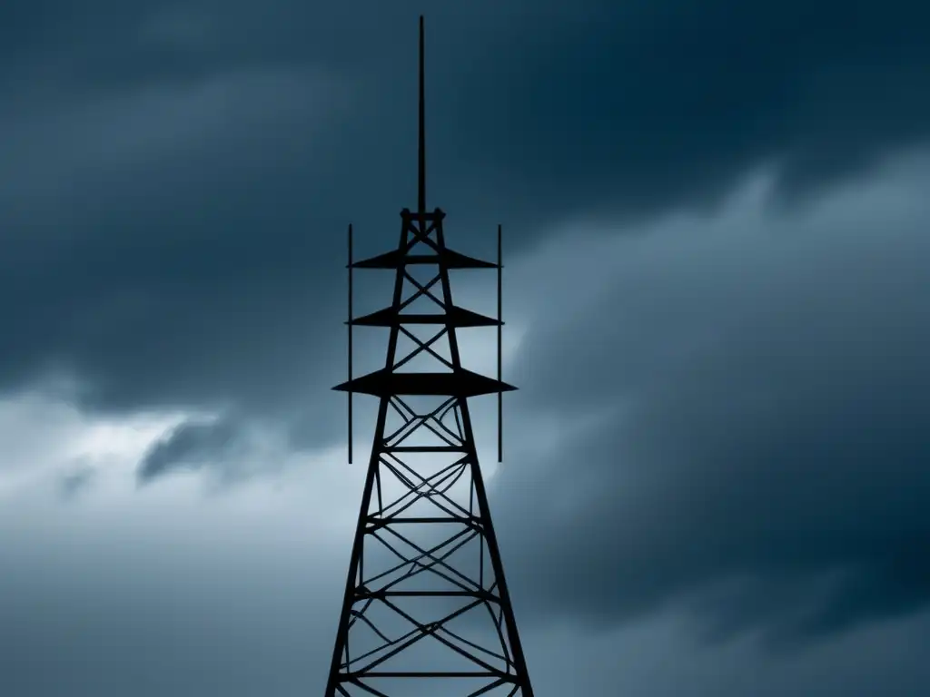 Impacto de la radio en la Segunda Guerra Mundial: una torre de radio se alza en un cielo oscuro y tormentoso, simbolizando su papel estratégico