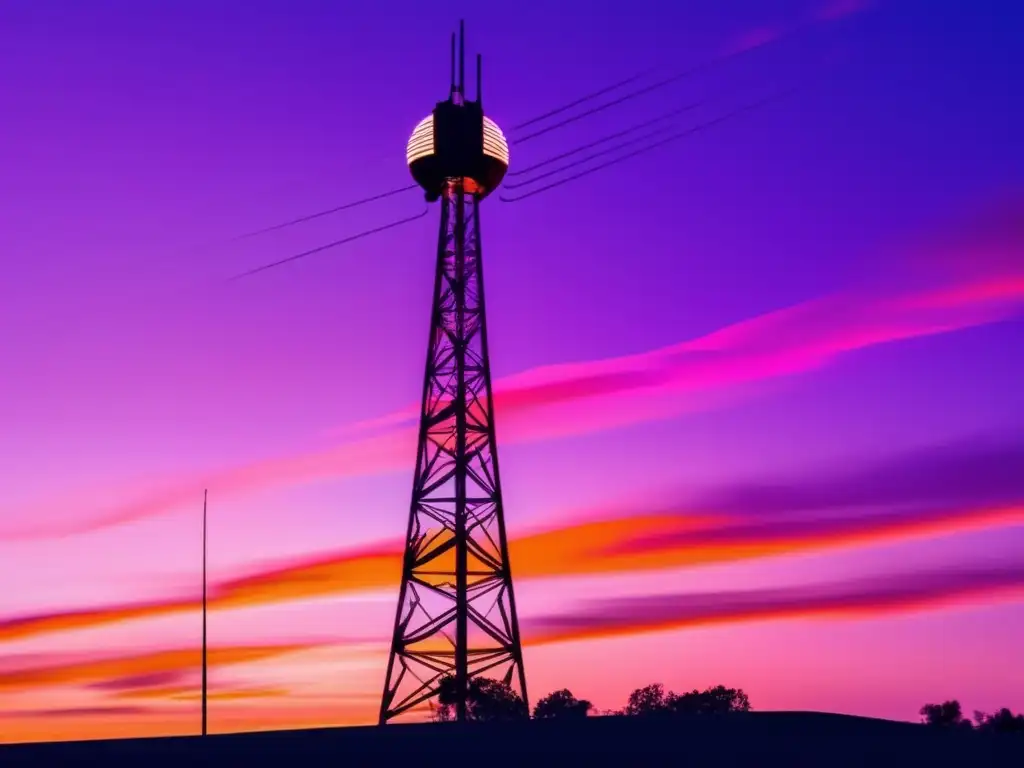 Torre de telégrafo inalámbrico Tesla revolucionario en vibrante atardecer