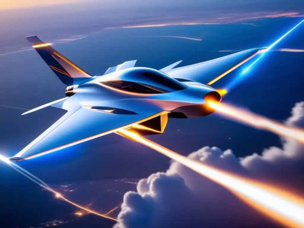 Transformación combate aéreo tecnología: Avión hipersónico futurista surcando cielo azul con estela de luz blanca