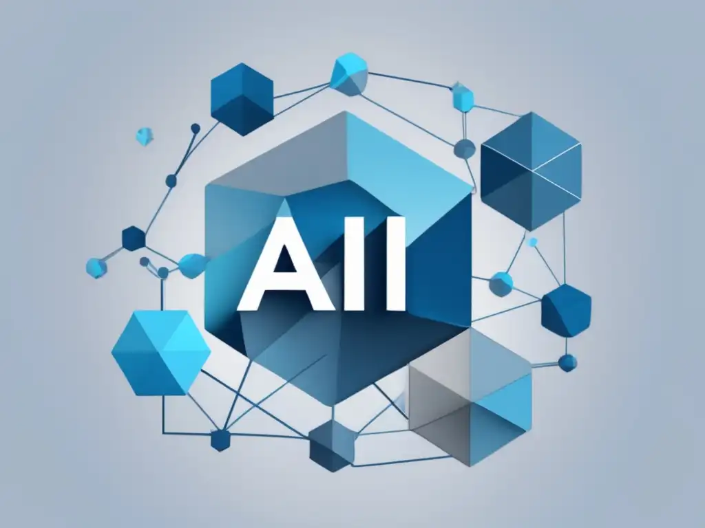 Impacto IA: Red geométrica azul y gris minimalista, representando la eficiencia de la IA en ML, DL, NLP y CV