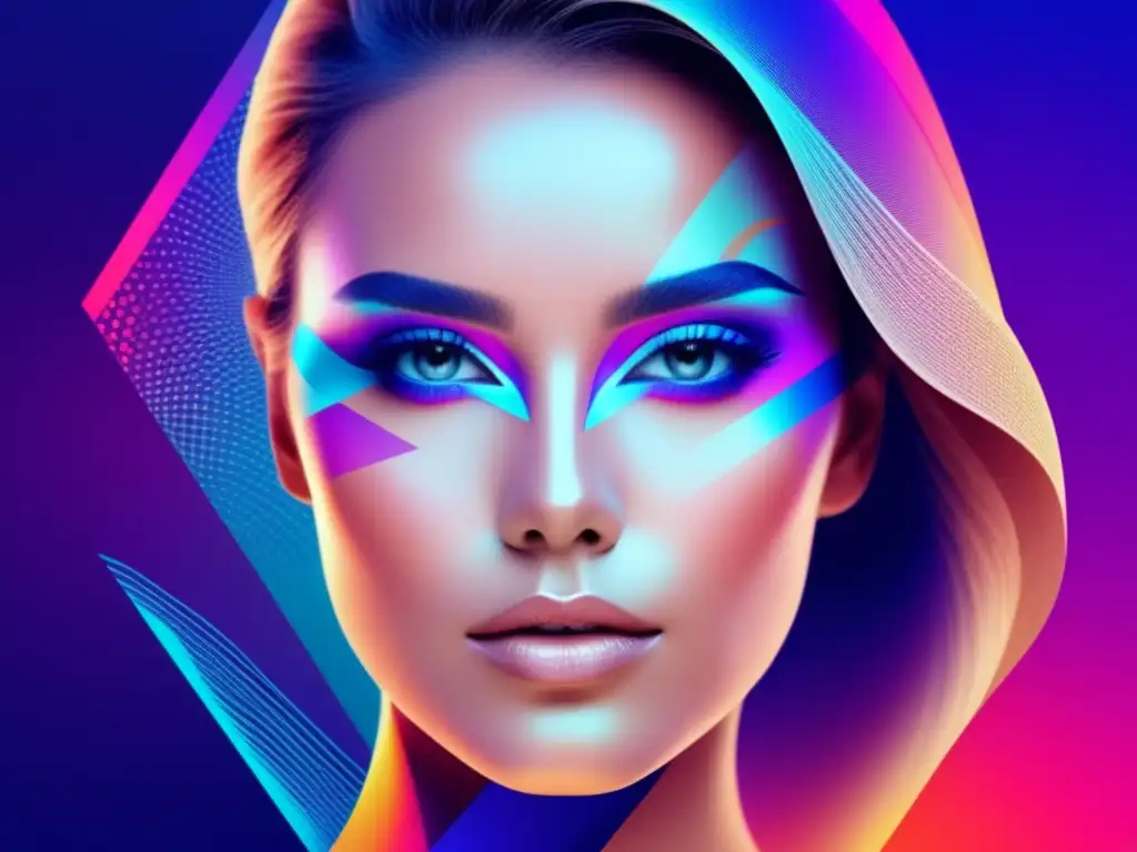 Impacto tecnológico en belleza y estética: mujer con maquillaje AI y elementos abstractos digitales