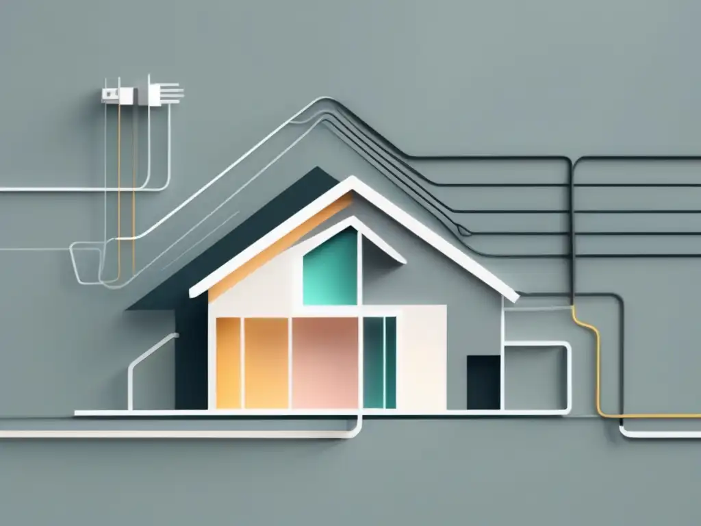 Transformación hogares con electricidad: imagen minimalista y abstracta de una casa moderna con cables eléctricos entrelazados