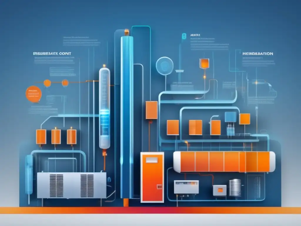 Evolución de la refrigeración y climatización: imagen detallada de la transformación de métodos de enfriamiento tradicionales a la electrificación, con formas geométricas conectadas en un fondo degradado de azules a naranjas, simbolizando el progreso y la eficiencia