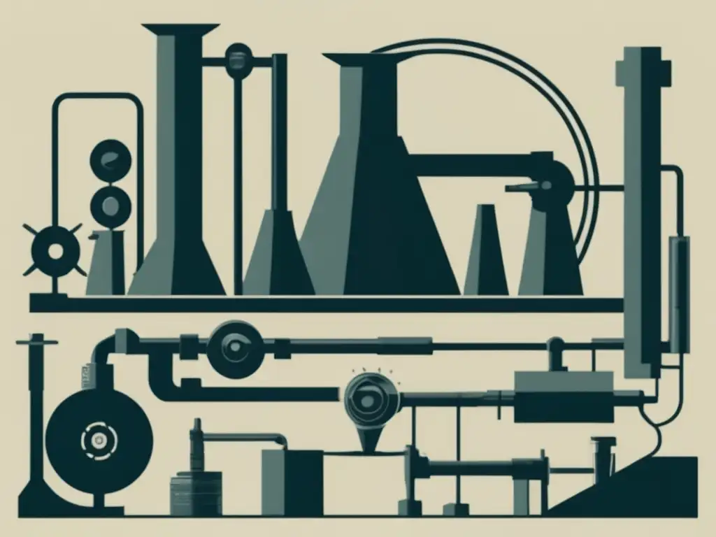 Impacto tecnológico en la Revolución Industrial: Transformación de producción y avance de maquinaria y herramientas en imagen abstracta minimalista