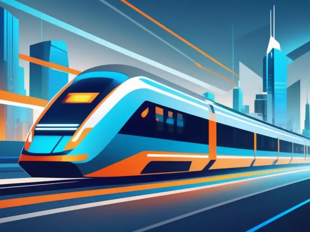 Tren futurista en una ciudad abstracta Impacto tecnológico en ferrocarriles históricos, tren futurista en ciudad abstracta