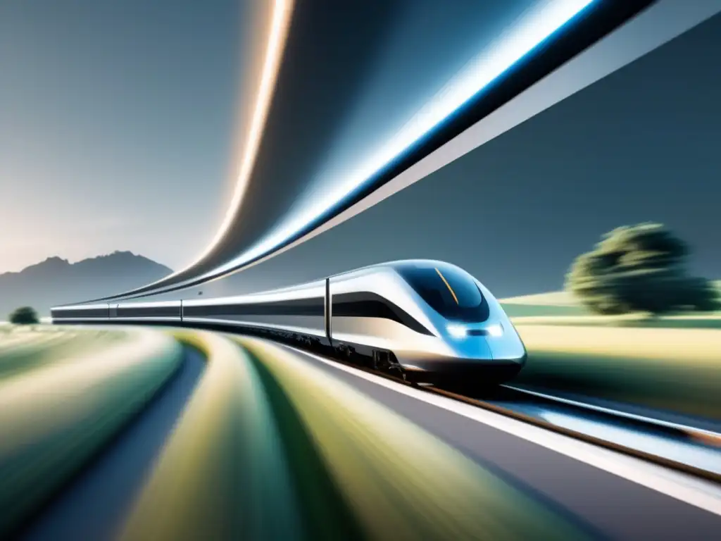 Tren futurista en vías modernas Impacto tecnológico en los ferrocarriles históricos: tren plateado y minimalista en vía futurista