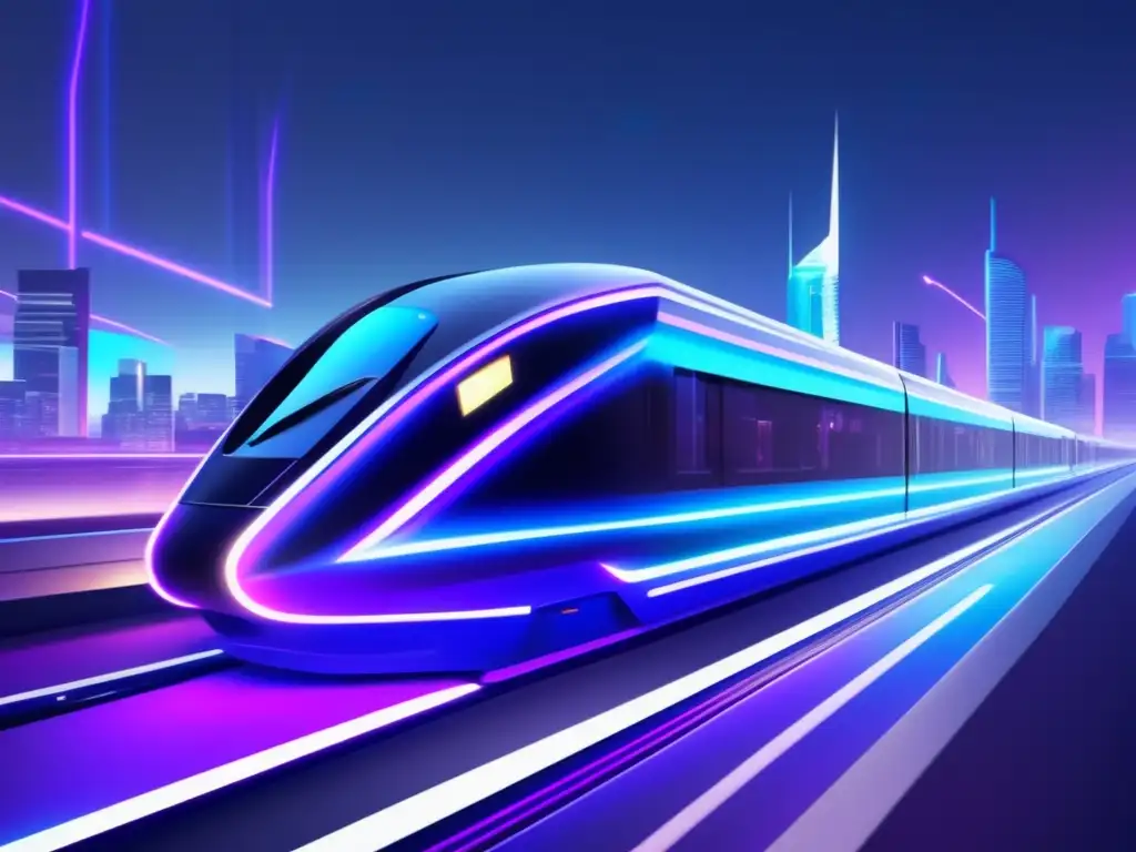 Tren futurista en ciudad nocturna Impacto tecnológico en ferrocarriles históricos: tren futurista en ciudad nocturna