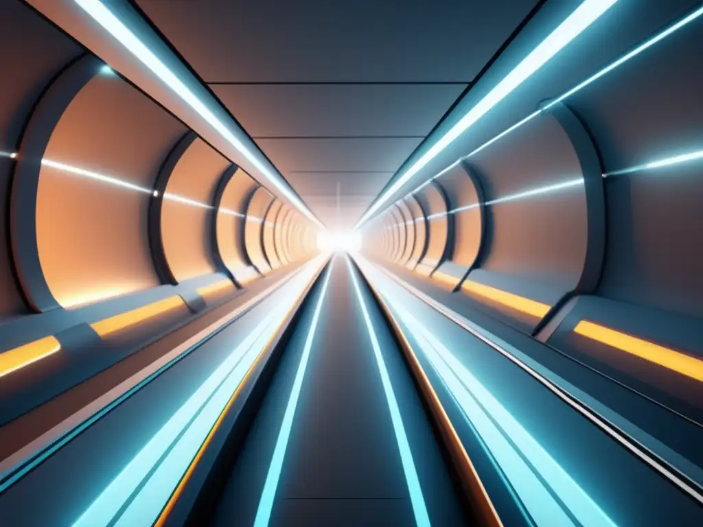 Sistema subterráneo futurista: túneles y tecnologías Futuro transporte subterráneo: Tecnologías innovadoras en túneles y vías con diseño minimalista y precisión geométrica en una imagen 8K