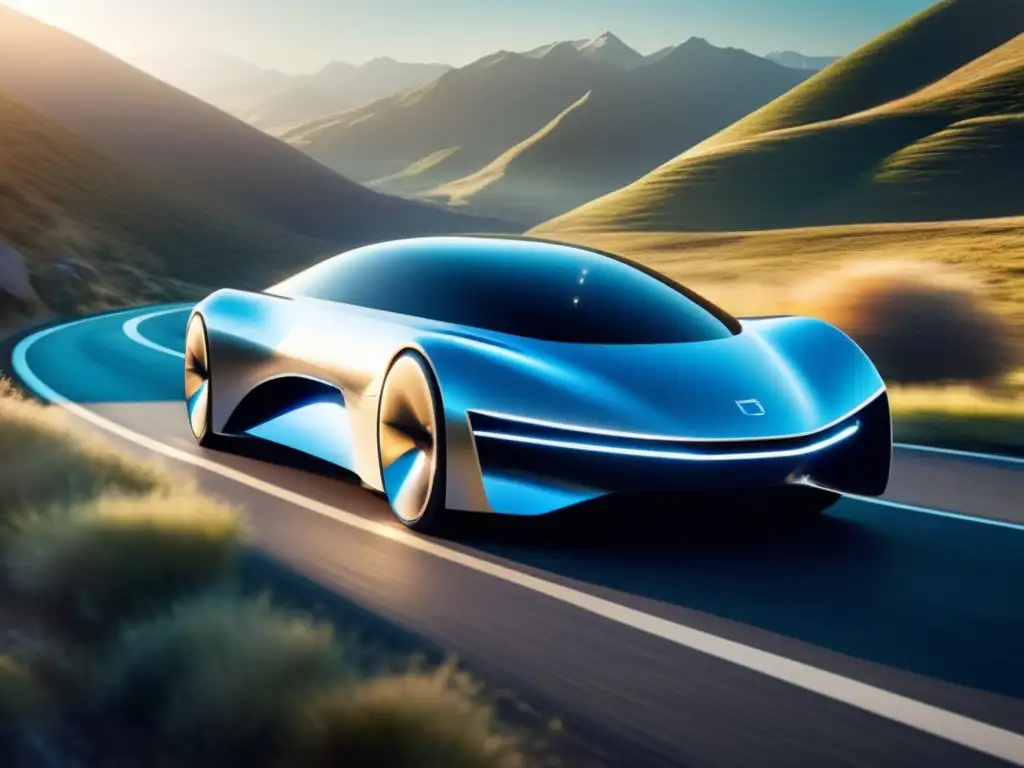 Vehículo futurista de hidrógeno en la montaña Tecnología de hidrógeno para movilidad sostenible con vehículo futurista y paisaje montañoso